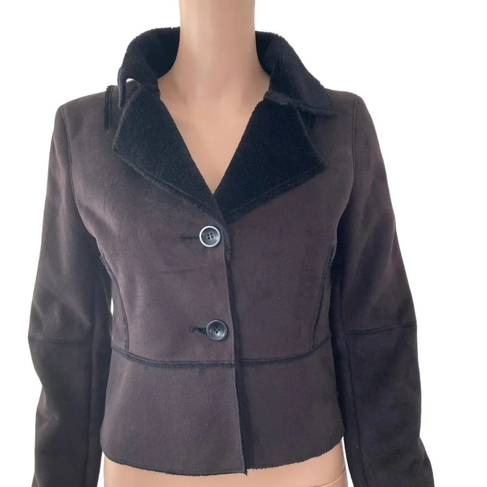 Bebe Jacket Womens XS Faux Suede Black button Front Faux Fur Lined